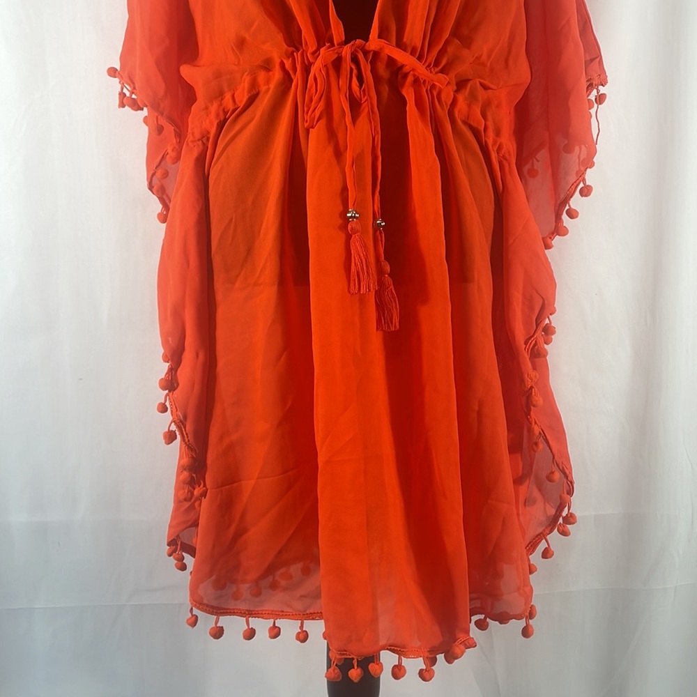 Orange Bathingsuit cover,Tunic,Sheer, Vneck,Adjustable tie waist,Tassels, XL - Picture 3 of 9